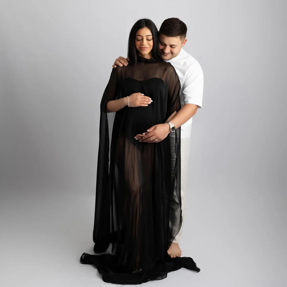 Maternity Translucent Black Chiffon Cloak Cape Dress