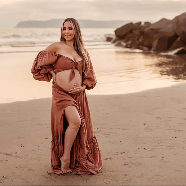 Maternity Dresses For Baby Showers Two Piece Set Long Sleeved Of Linen Cotton Boho Style Dress Photo Shooting Pregnancy Dress