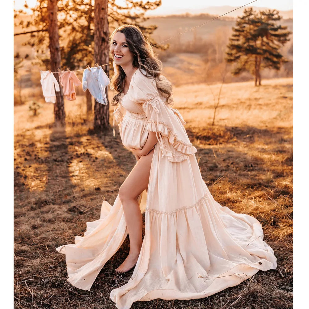 Bohemian Photo Shooting Pregnancy Dress Comfortable Cotton Pleated Sleeves Two-Piece Set Maternity Photography Dress Outfit