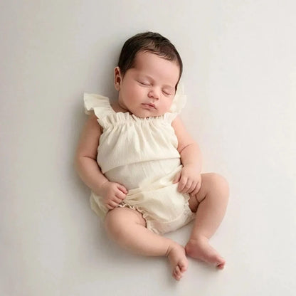 Newborn Beige Ruffled Flutter Sleeve Romper Baby Photo Costume