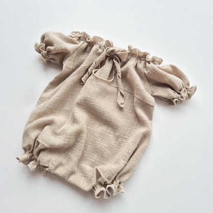 Vintage Beige Linen Cotton Off Shoulder Ruffle Romper Baby Girl