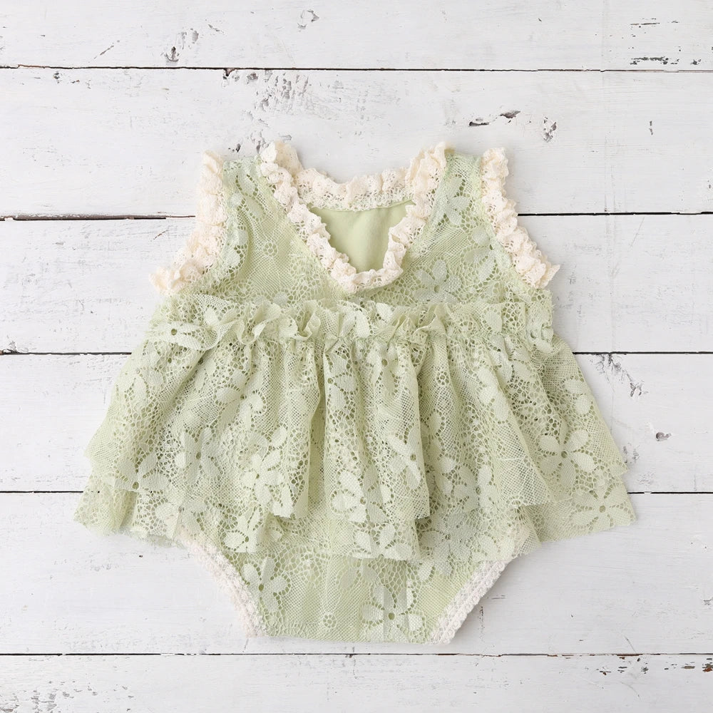 Sage Green Baby Newborn Girl Lace Romper Vintage Dress