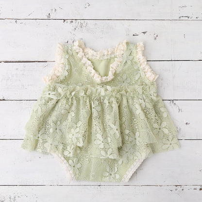Sage Green Baby Newborn Girl Lace Romper Vintage Dress