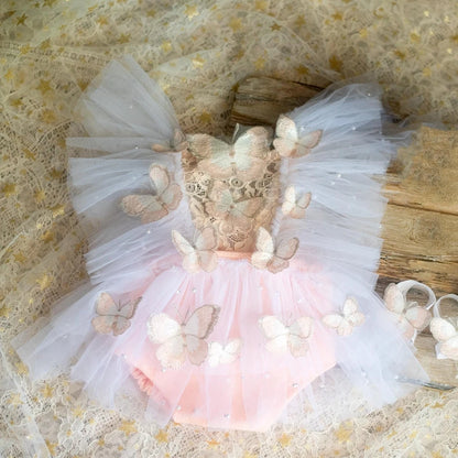 Newborn Butterfly Theme Girl Tutu Romper Pearl Beads Princess Dress Studio Clothing