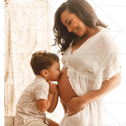 Maternity Waist Drawstring Boho Linen Cotton Dress