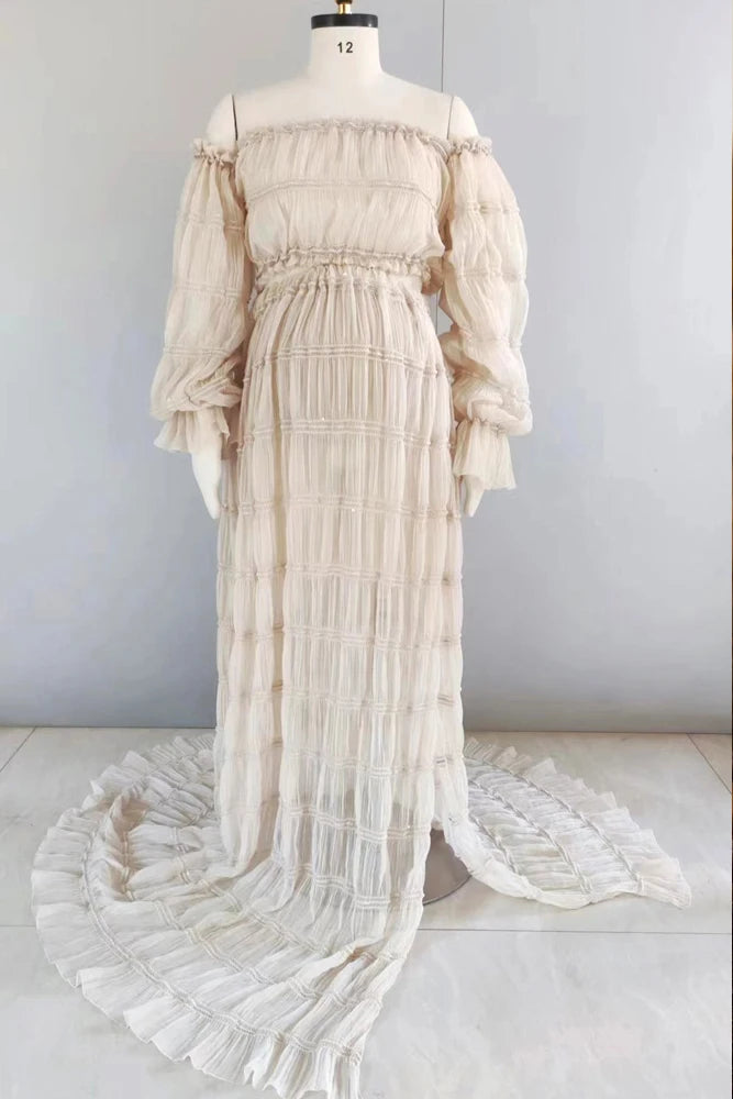 Maternity Pleated Chiffon Long Sleeve Off Shoulder Four Piece Boho Style Dress