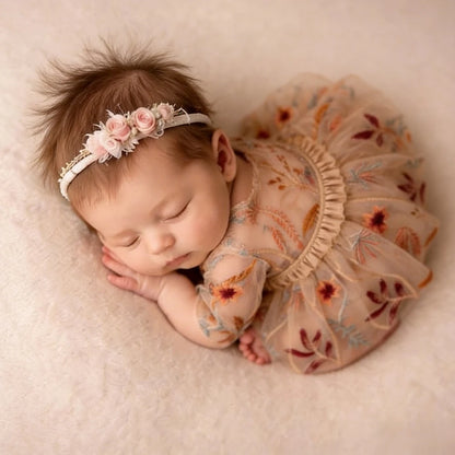 Newborn Girl Dress Embroidered Floral Tulle Boho Newborn Set