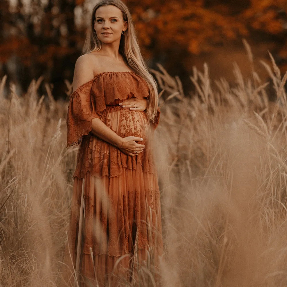 Pregnant Women Photography Dress Off Shoulder Embroidered Mesh Dress Photo Shoot Dress For Women Boho Pregnant Dress