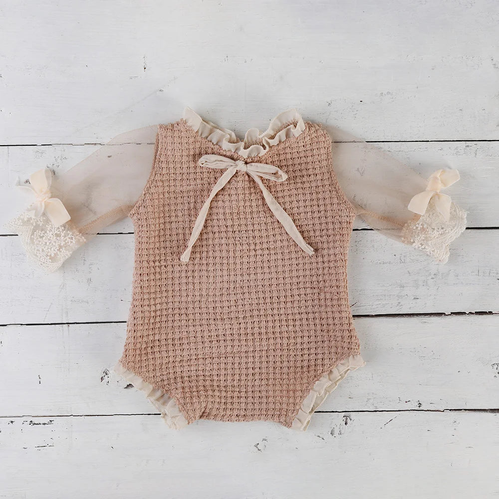 Newborn Photography Props Knit Baby Romper Vintage Lace Long Sleeve Bow Princess Infant Photoshoot Outfit Studio Clothes