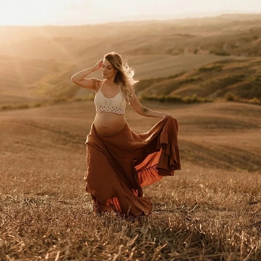 Maternity Bohemian Knitted Camisole Vest Orange Linen Cotton Skirt