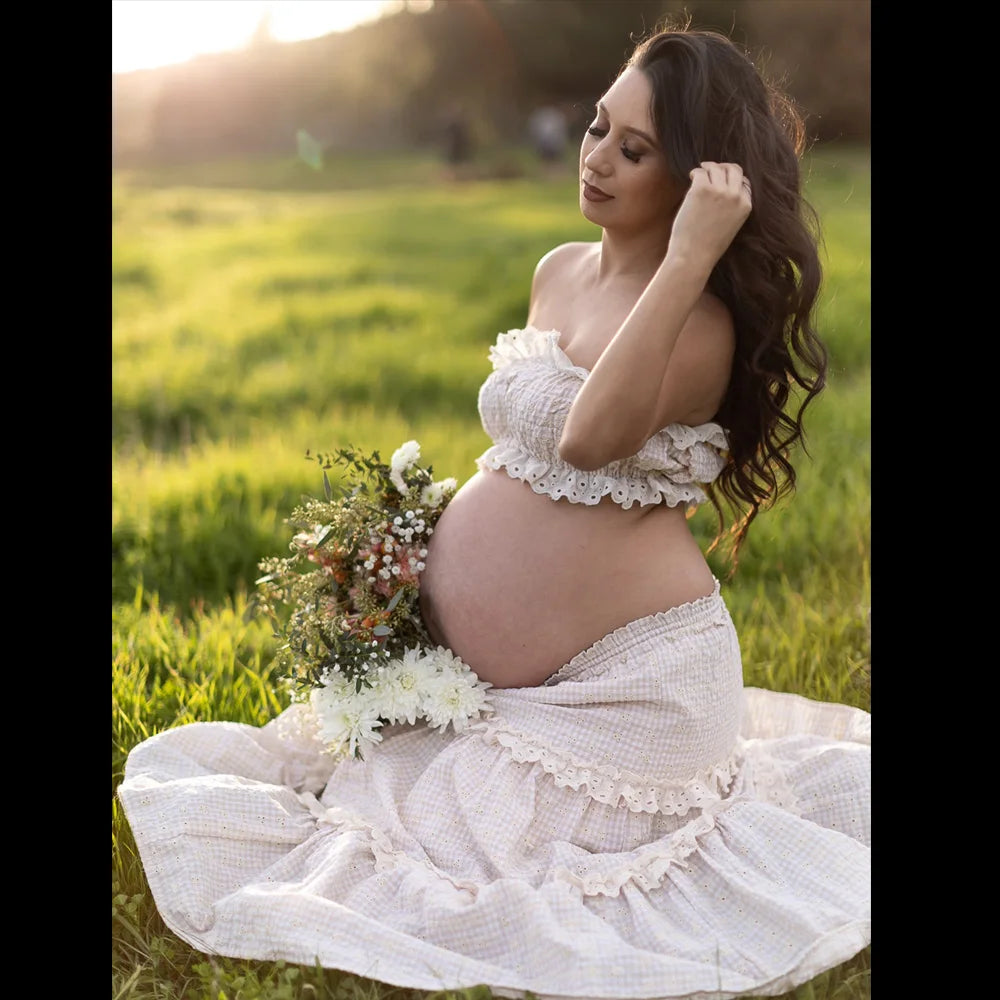Maternity Dresses For Baby Showers Embroidered Checkered Strapless Two-piece Lace Cake Dress  Pregnancy Photography Outfit