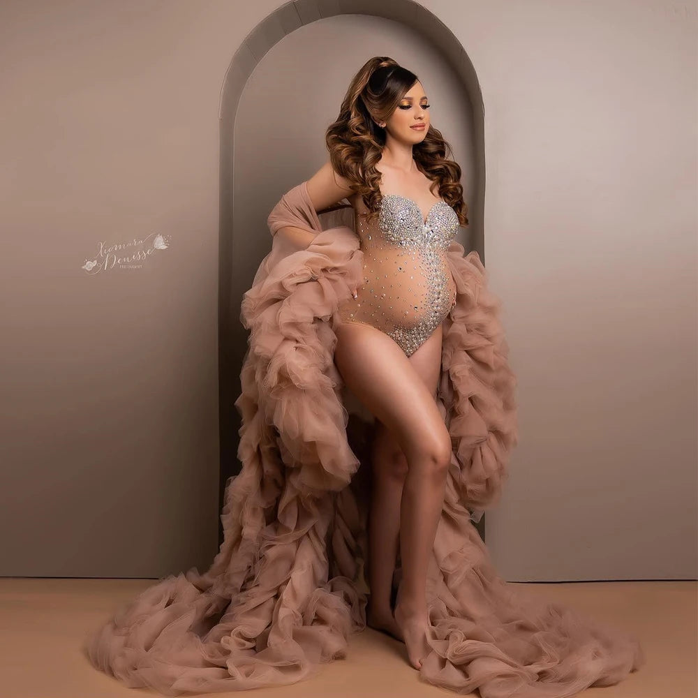 Maternity Neck Rhinestones Pearls Luxurious Stretch Jumpsuits Dress