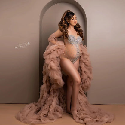 Maternity Neck Rhinestones Pearls Luxurious Stretch Jumpsuits Dress