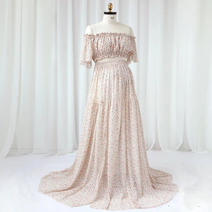 Maternity Dress Floral Chiffon Two-piece Long Sleeved Short Top Baby Showers