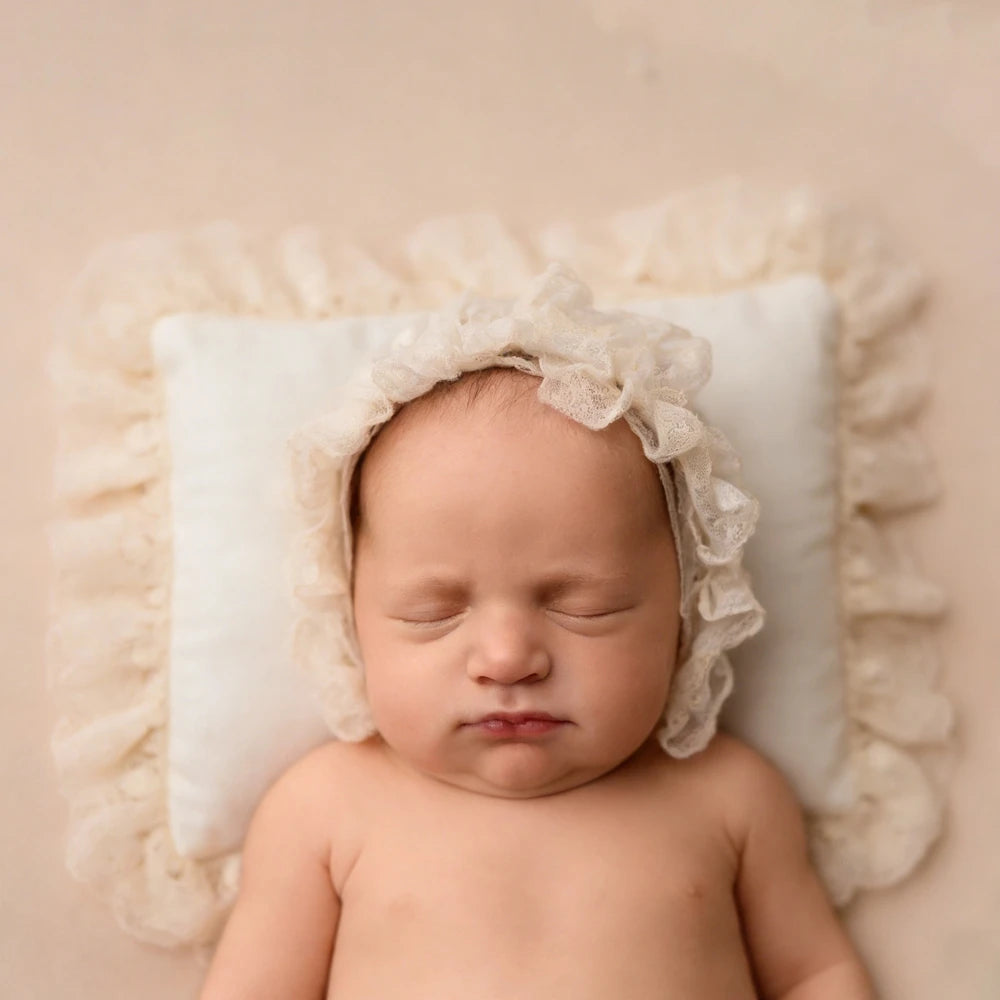 Beige Ruffle Lace Bonnet Pillow Set Baby Newborn Studio