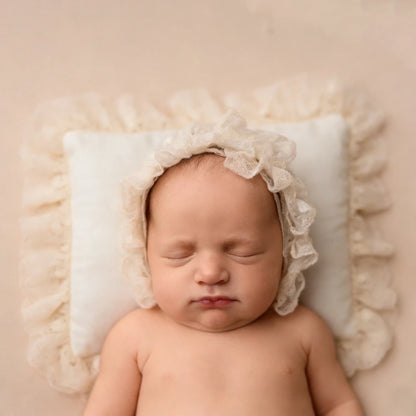 Beige Ruffle Lace Bonnet Pillow Set Baby Newborn Studio