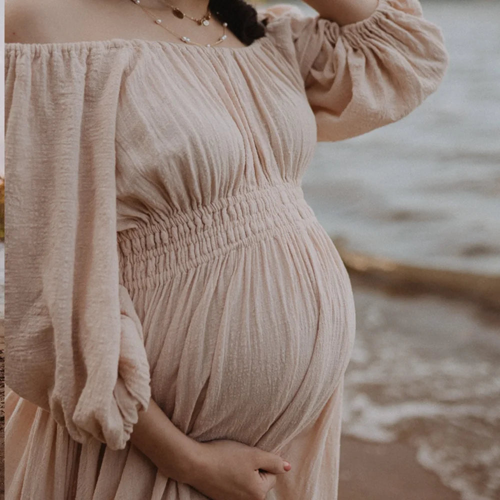Bohemian Pregnancy Dress Vintage Comfortable Linen Cotton Off Shoulder Long Sleeved Dress Boho Style Baby Shower Dress