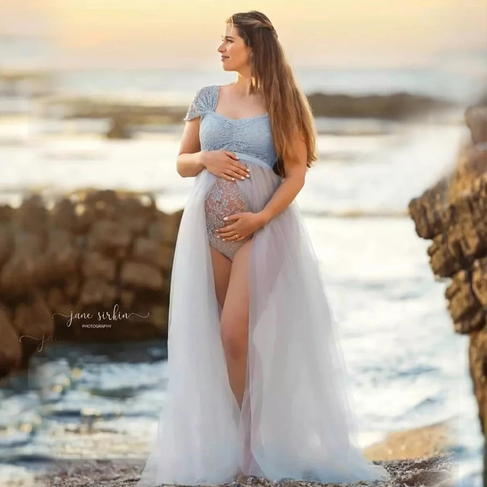 Maternity Bohemian Lace Bodysuit Tulle Long Dress Boho Style