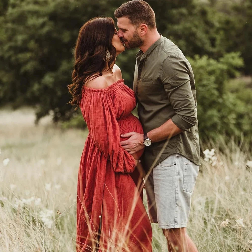 Maternity Bohemian Dress Comfort Linen Cotton One Shoulder Boho Style Baby Shower