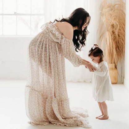 Maternity Elegant Floral Chiffon Dress One Shoulder Long Sleeved Two-piece
