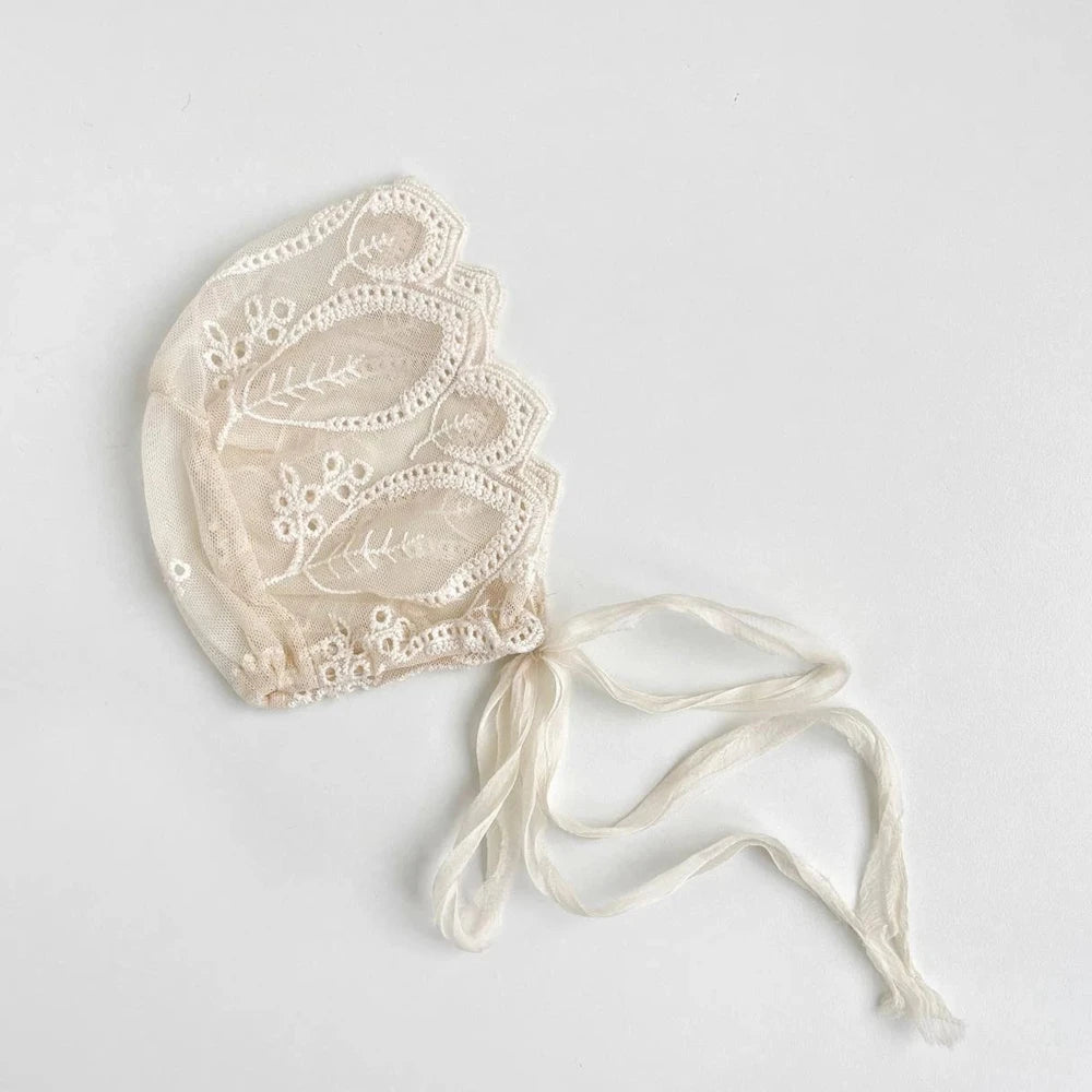Lace Bonnet Baby Tie Knot Headband Vintage Floral Embroidery Newborn Set