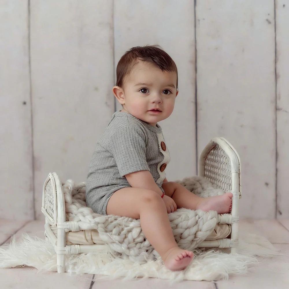 Newborn Baby Boy Waffle Romper Gray Bodysuit Wooden Buttons Costume