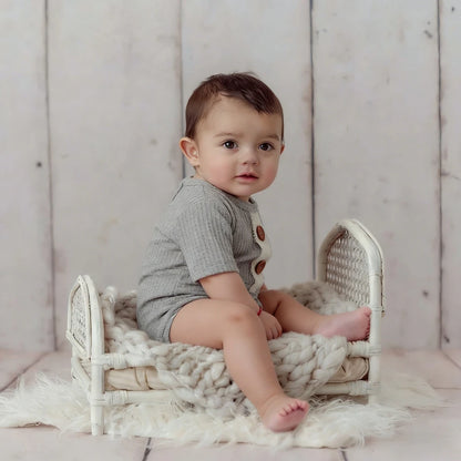Newborn Baby Boy Waffle Romper Gray Bodysuit Wooden Buttons Costume
