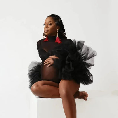 Maternity Bodysuit Puffy Ruffled Sleeve Black See Thru Tulle Dress