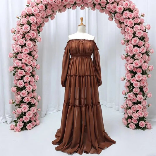 Bohemian Photo Shooting Pregnancy Dress Sexy Off Shoulder Long Sleeved Pleated Edge Chiffon Dress Photography Dress For Women