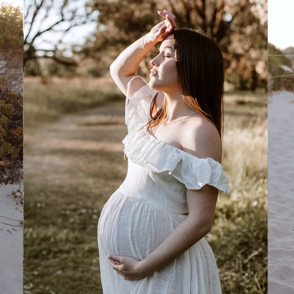 Boho Maternity Photoshoot DressLotus Leaf Edge Linen Cotton Adjustable Back Pregnancy Friendly Photography Dress For Women