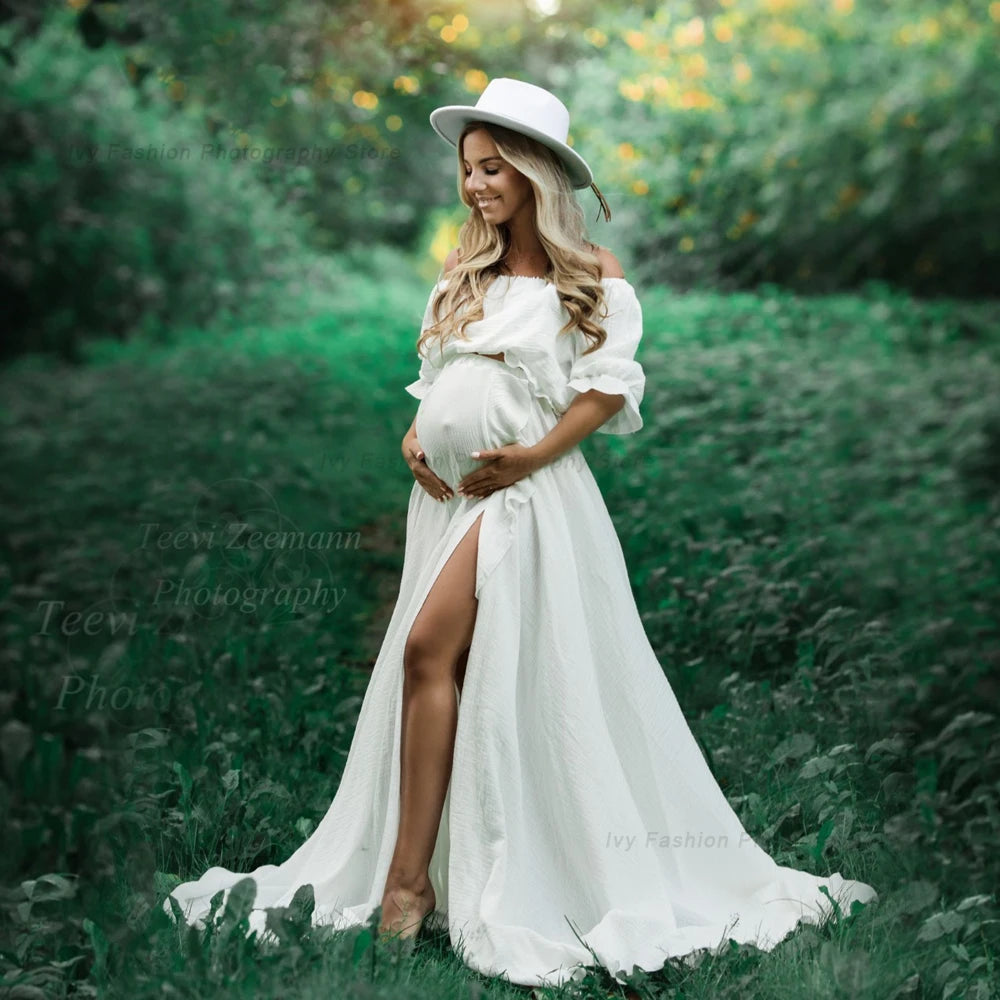 Maternity Bohemian Ruffle Edge Off Shoulder Short Sleeve Linen Cotton Dress Boho Style Baby Shower