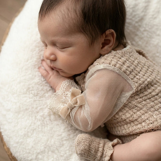 Newborn Knit Romper | Knit Baby Romper Vintage Lace Long Sleeve Bow Princess Infant Photoshoot Outfit Studio Clothes Photo Outfit