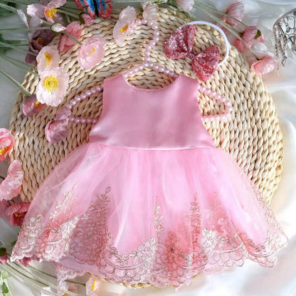 2pcs Pink Baby Girl Princess Lace Mesh Dress Bowknot Skirt Shower Newborn Set