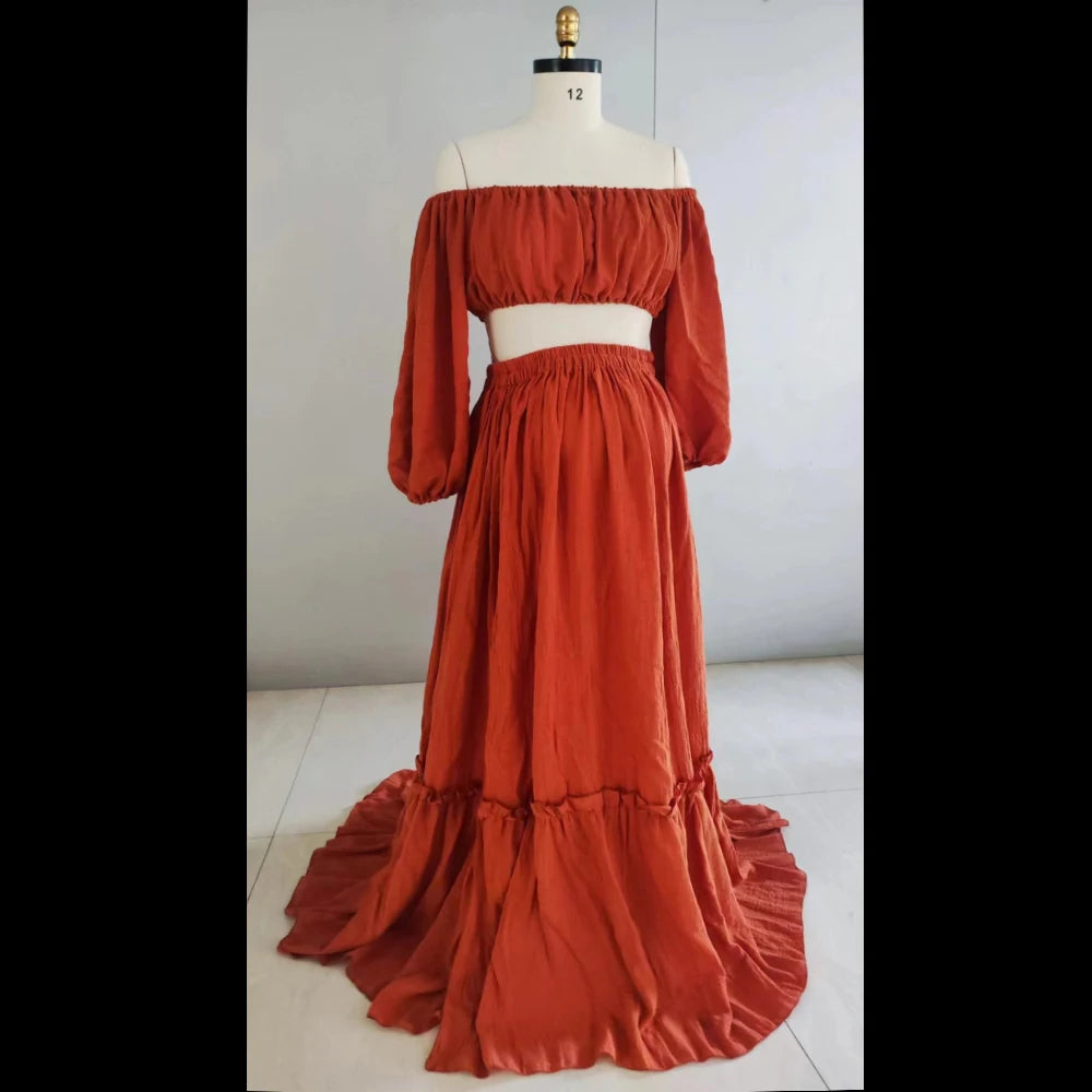 Maternity Comfortable Linen Cotton Two-piece Set Long Sleeved Short Top Lace Up Floor Mop Dress Bohemian Style Photo