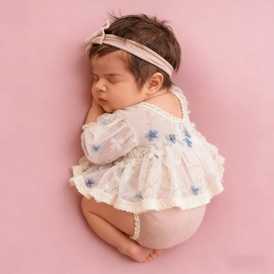 Newborn Girl White Lace Tutu Romper Blue Floral Embroidery Baby Dress Princess