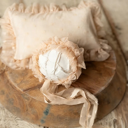 Beige Ruffle Lace Bonnet Pillow Set Baby Newborn Studio