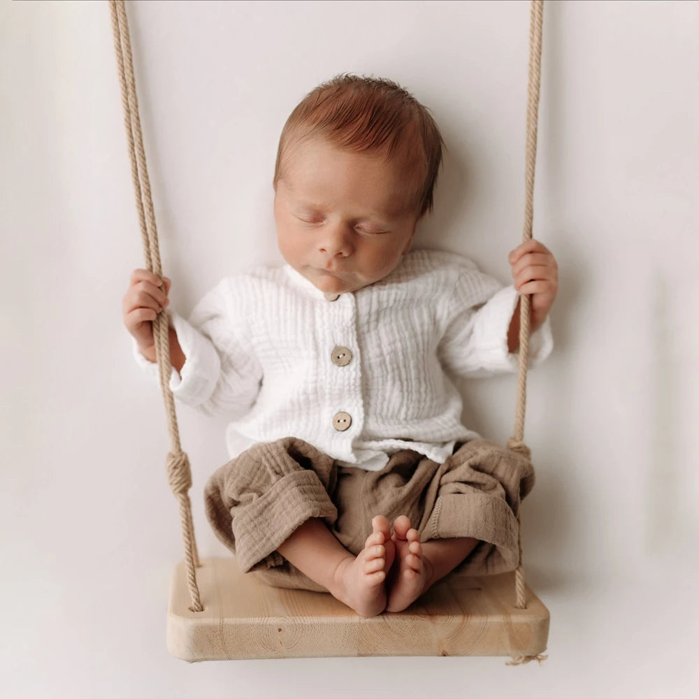 Cotton Muslin White Button Top Khaki Pants Baby Boy Set