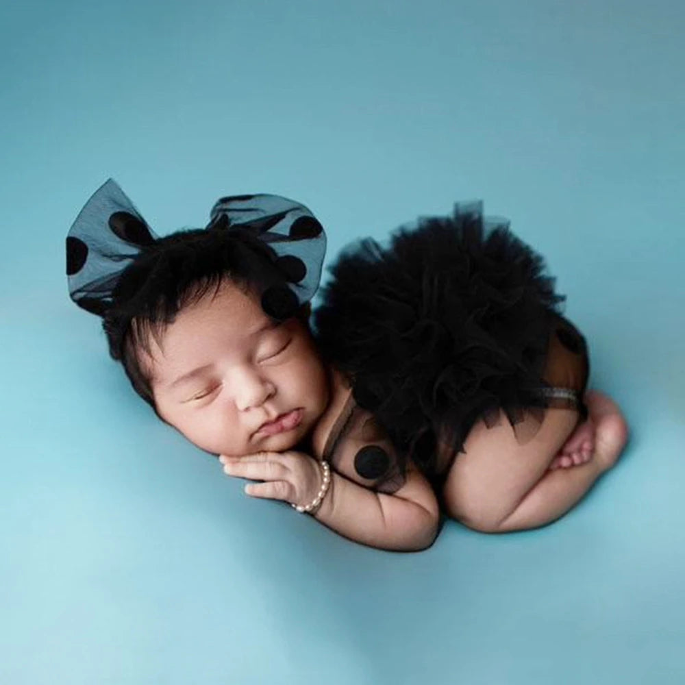 Black Polka Dot Tutu Romper Newborn Baby Girl Tulle Skirt Bow Headband Professional Studio Photos