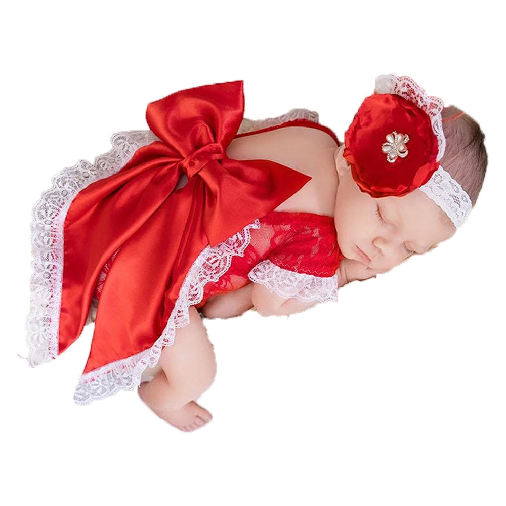 Newborn Baby Set Lace Romper Bow Headband Christmas Photo Studio Shoot Holiday