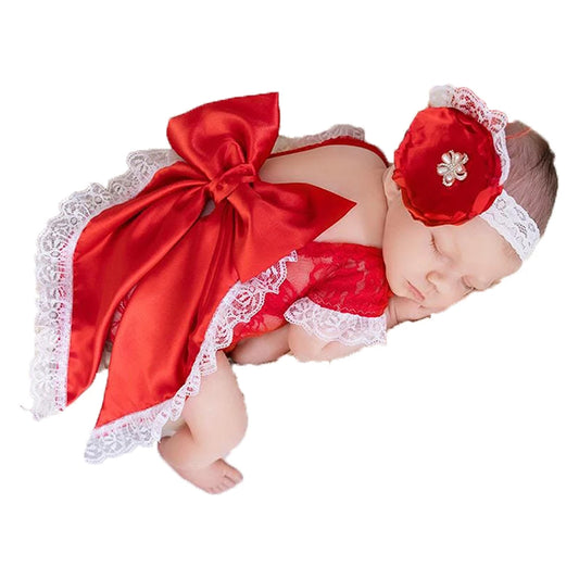 Newborn Baby Set Lace Romper Bow Headband Christmas Photo Studio Shoot Holiday