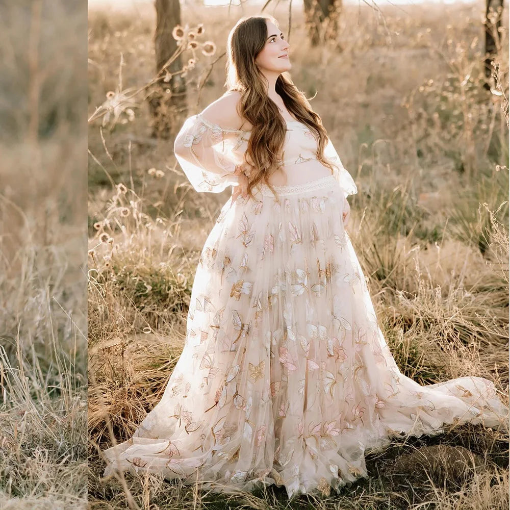Elegant Photo Shoot Dress For Women Mesh Embroidery Sequins Off Shoulder Long Sleeves Dress Maternity Dresses For Baby Showers
