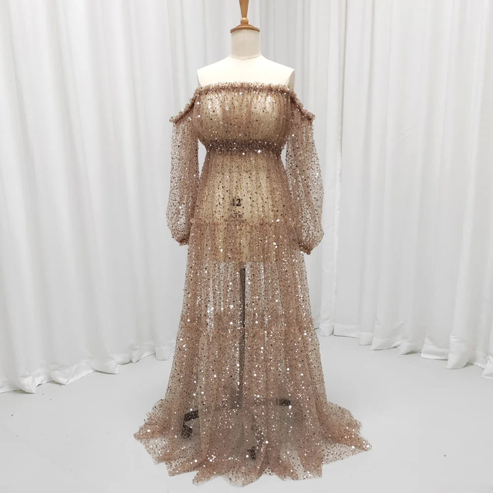 Brown Pearl Sequin Transparent Mesh One Shoulder Dress Maternity Dress Photoshoot Props Pregnant Women Photography Dress