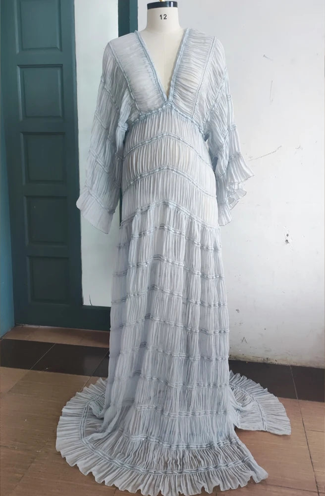 Maternity Pleated Chiffon Tulle Ruffles Dress Boho Style