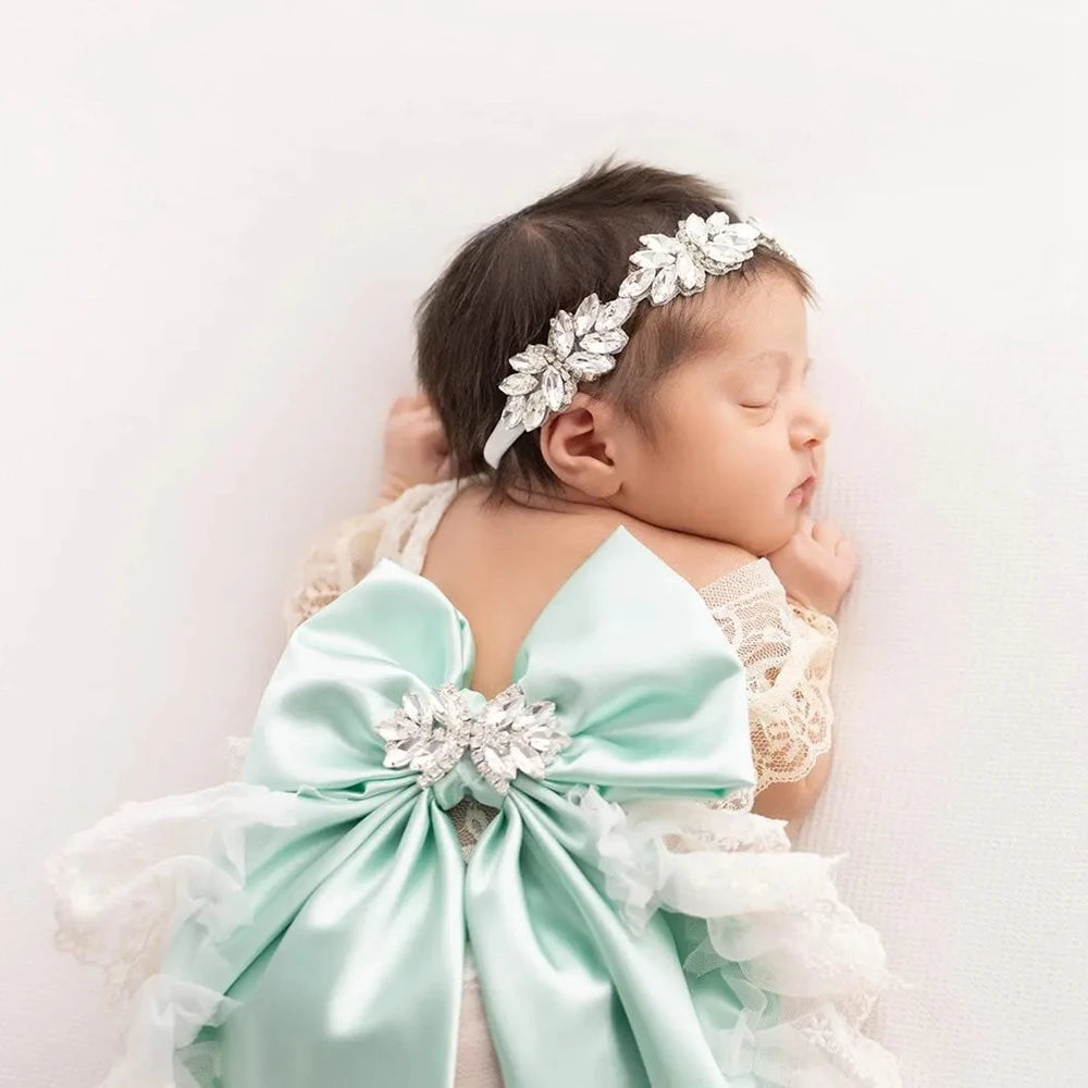 Newborn Baby Girl Lace Ruffled Romper Oversized Satin Bow Rhinestone Headband Photo