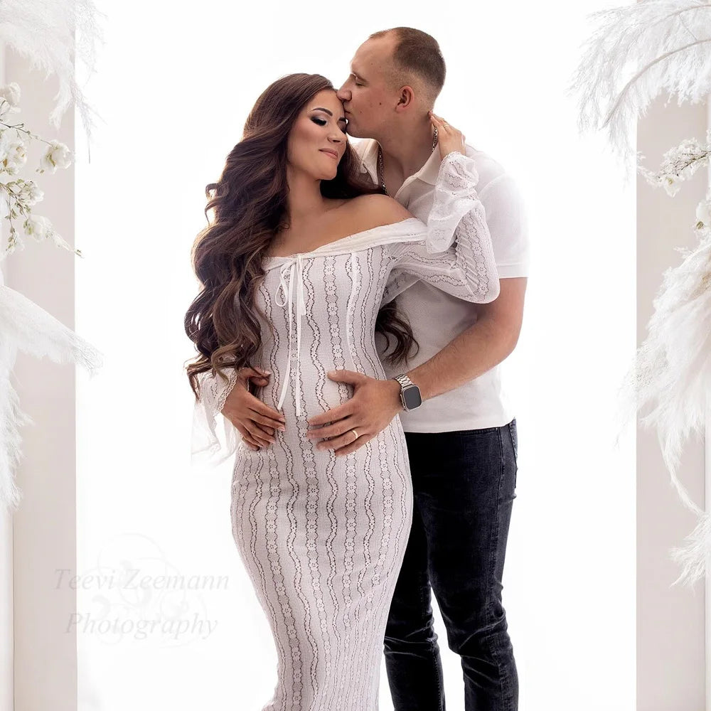 Maternity Elegant One Shoulder Long Sleeved Lace Dress Baby Shower