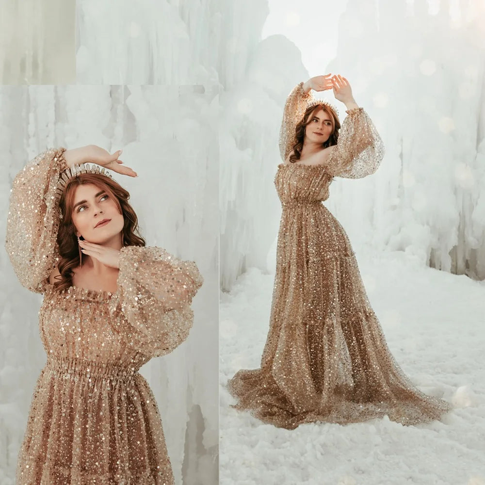 Brown Pearl Sequin Transparent Mesh One Shoulder Dress Maternity Dress Photoshoot Props Pregnant Women Photography Dress