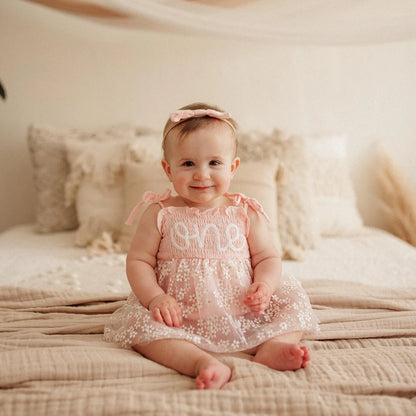 Pink Floral Embroidered One Year Birthday Baby Girl Dress Bow Headband Smocked Tulle Newborn Set