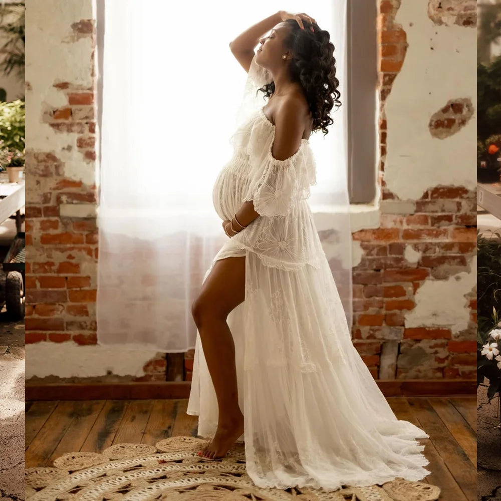 Maternity Dresses For Baby Showers Elegant Off Shoulder Embroidered Mesh Dress For Pregnant Women Photo Shoot Dress For Women