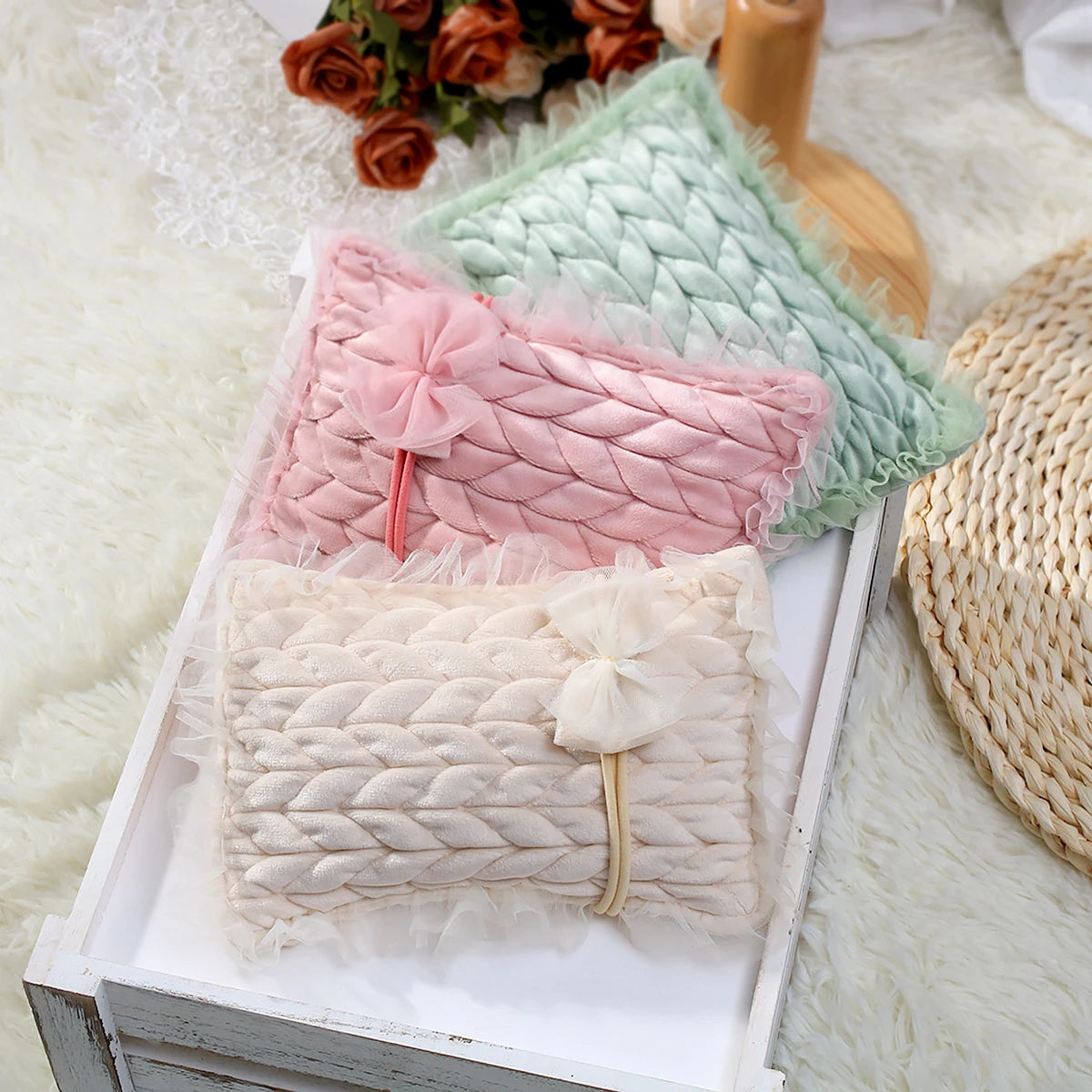 Vintage Lace Newborn Romper Set with Posing Pillow & Headband