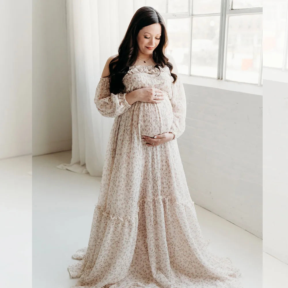 Maternity Elegant Floral Chiffon Dress One Shoulder Long Sleeved Two-piece